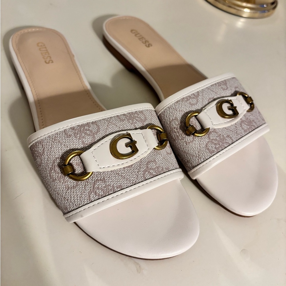 GUESS White and Beige Logo Slide Sandals with Gold Hardware